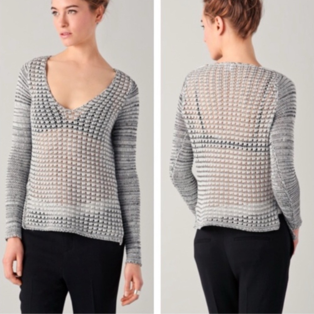 HELMUT LANG S SHEER Scandi Style Luminous Mesh Indie V-Neck Sweater Gray Linen
